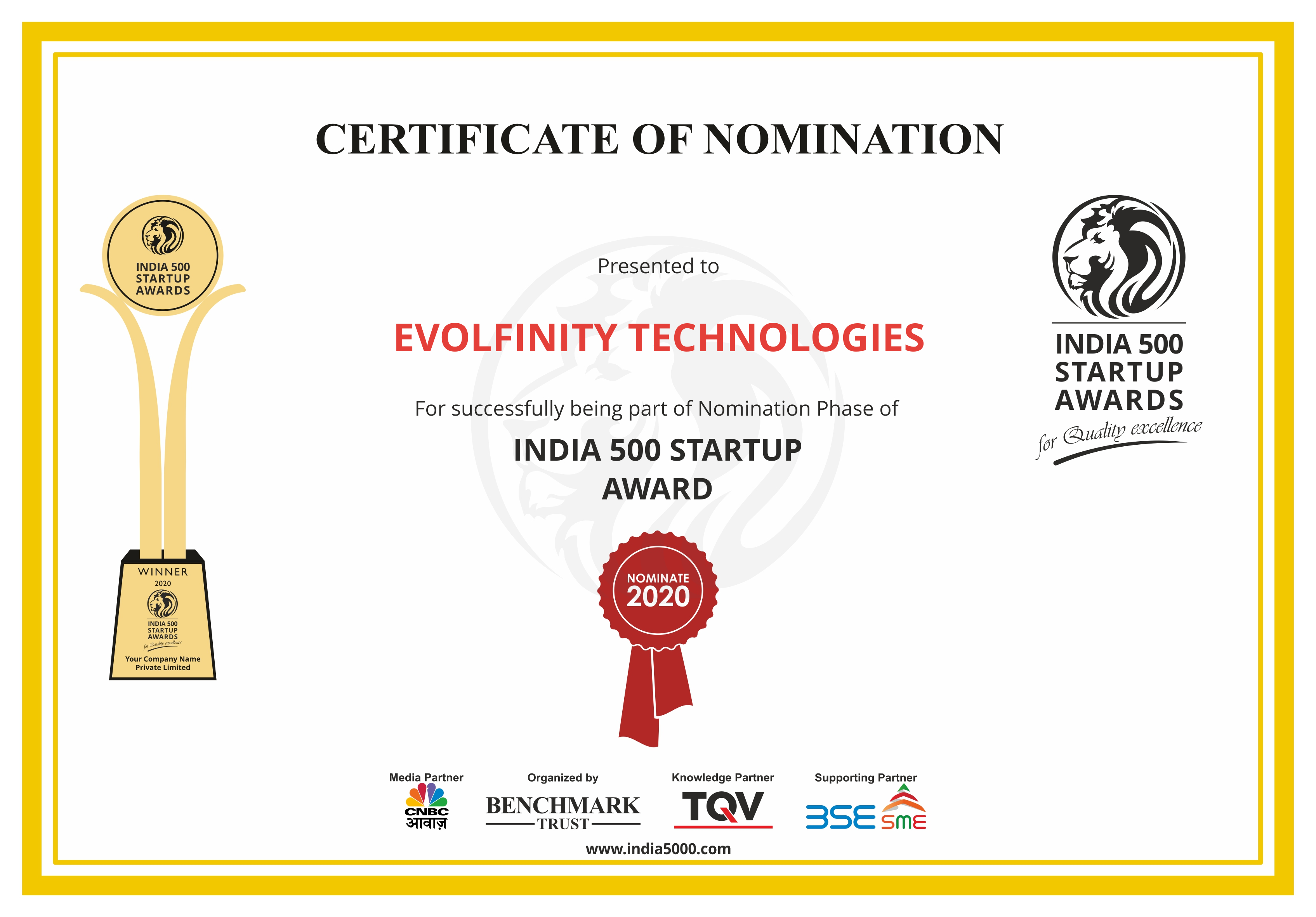 India 500 Startup Award - Evolfinity Technologies