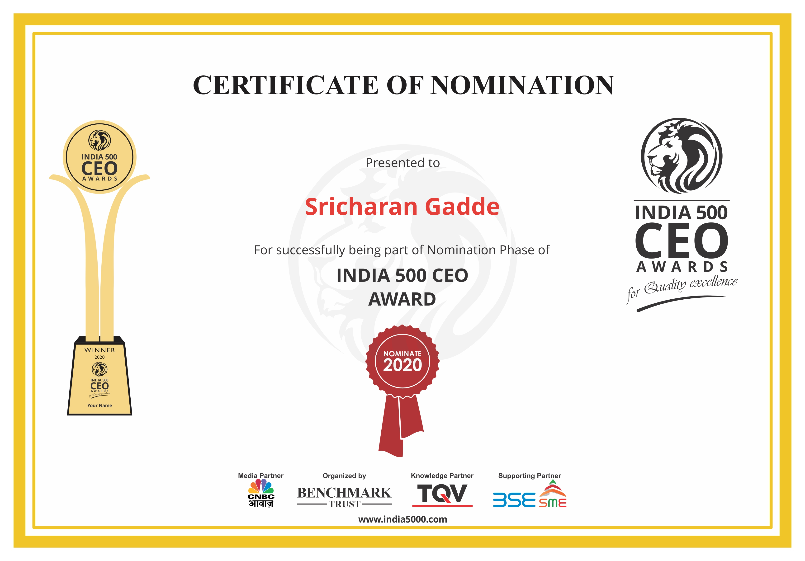 India 500 CEO Award - Sricharan Gadde